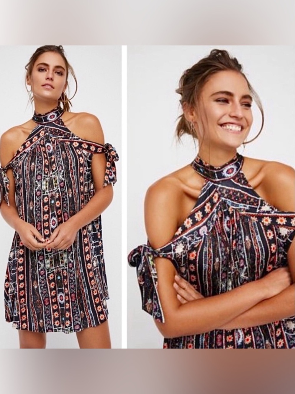 Free People Floral Patterned Stripe Cold-Shoulder Mini Dress